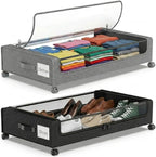 Under Bed Storage with Wheels, 2Pack 50L Under Bed Containers with Clear Lids, Dust Protection Underbed Bins for Clothes, Shoes, Space-Saving Organizer for Bedroom/Dorm, Black and Grey