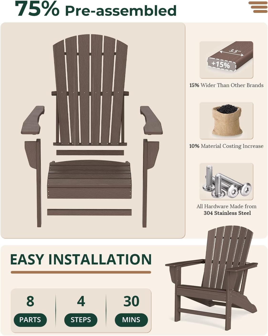 BRIOPAWS Adirondack-Chairs-Set of 2 | Brownwood Grain |Fire Pit Chair | Oversized | HDPE Plastic | Weather Resistant | for Deck Outdoor Poolside Campfire