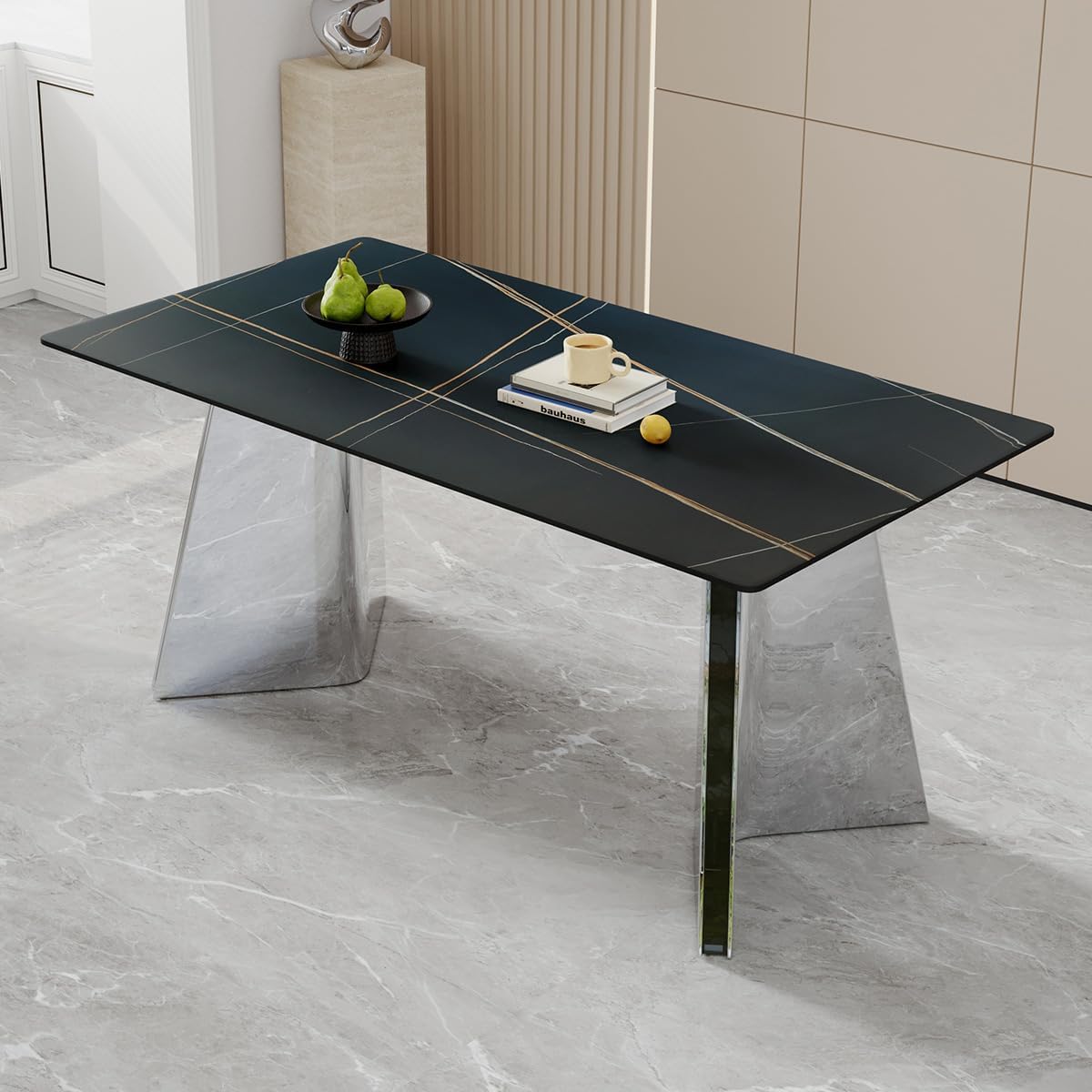 TesNus 63" Modern Dining Table Set for 4,Black Marble Dining Room Table Set for 4-6,Rectangular Sintered Stone Top with Stainless Steel Silver Base 5-7 Piece Kitchen Dining Table Set