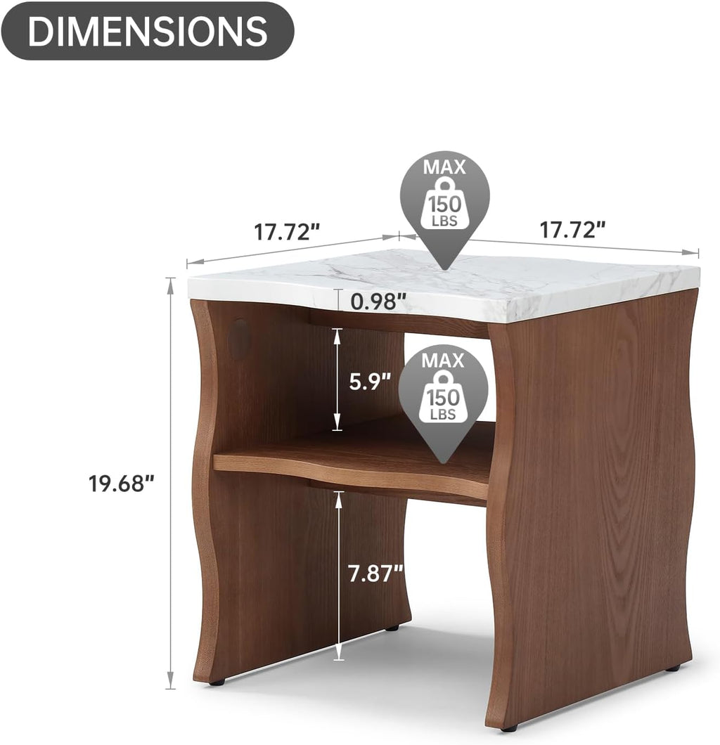 17.72" Whisper of Waves Modern End Table with Storage Shelf, Faux Marble Top & Natural Wood-Veneered Base, Nightstand Side Table for Bedroom, Living Room Accent Table, Walnut Brown