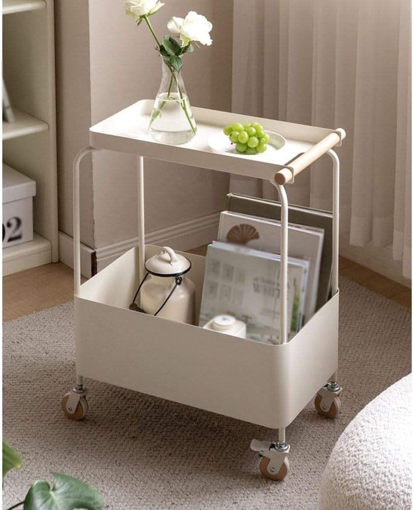 Coffee Table Living Room Small Trolley Wheeled Storage Rack Movable Sofa Side Table Retro Snack Shelf Side Table(White)