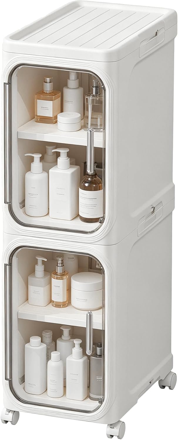 LXLXXL Narrow Storage Cabinet Slim Bathroom Storage Cabinet with Movable Wheels Tall Bathroom Organizer Skinny Cabinet for Small Spaces，2-Tier White