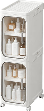 LXLXXL Narrow Storage Cabinet Slim Bathroom Storage Cabinet with Movable Wheels Tall Bathroom Organizer Skinny Cabinet for Small Spaces，2-Tier White