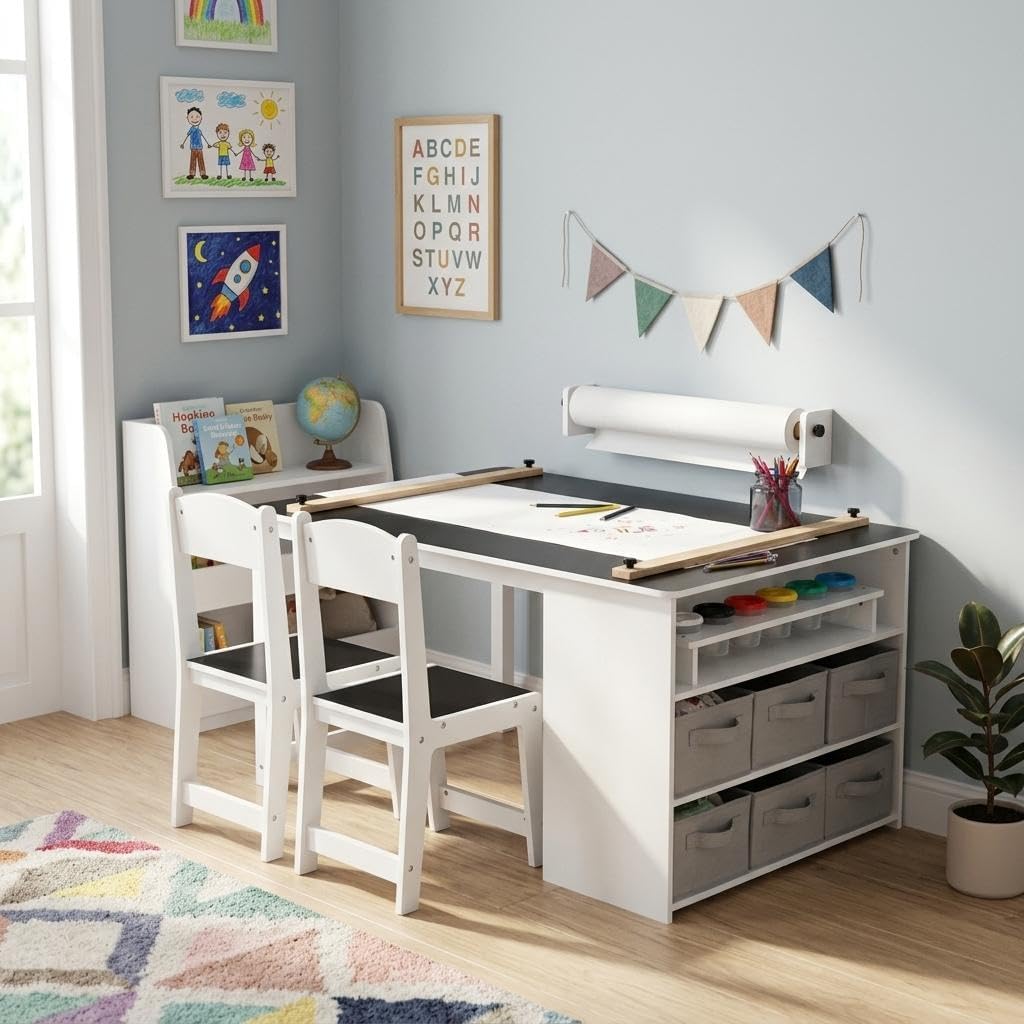 4-in-1 Kids Art Table and Chair Set, Wood Toddler Activity Desk with Large Storage Cabinet, Versatile for Drawing, Painting, Writing, Craft, Reading, and Play – Ideal for Children Ages 2-12