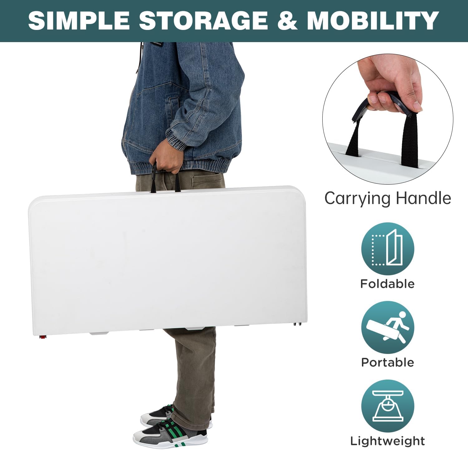 FDW 34" Square Outdoor Dining Table, Foldable Portable Plastic Folding Card Table with Built in Carrying Handle and Height Adjustable for Party and Wedding Use, White