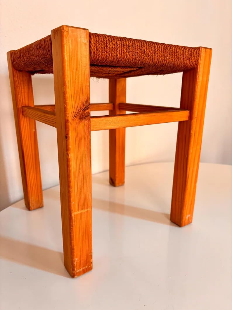 Pine Wood Woven Rope Stool, Mid-Century Modern Footrest, Rustic Square Seat for Living Room Bedroom