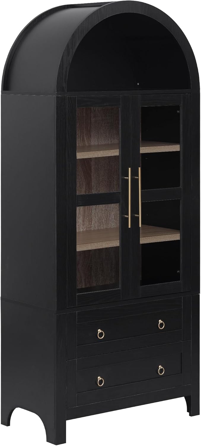LUMISOL Tall Kitchen Pantry Cabinet with 2 Large Drawers, 71" Arched Storage Cabinet with Adjustable Shelves & Glass Door, Farmhouse Kitchen Hutch with Top Shelf for Living Room Dining Room, Black