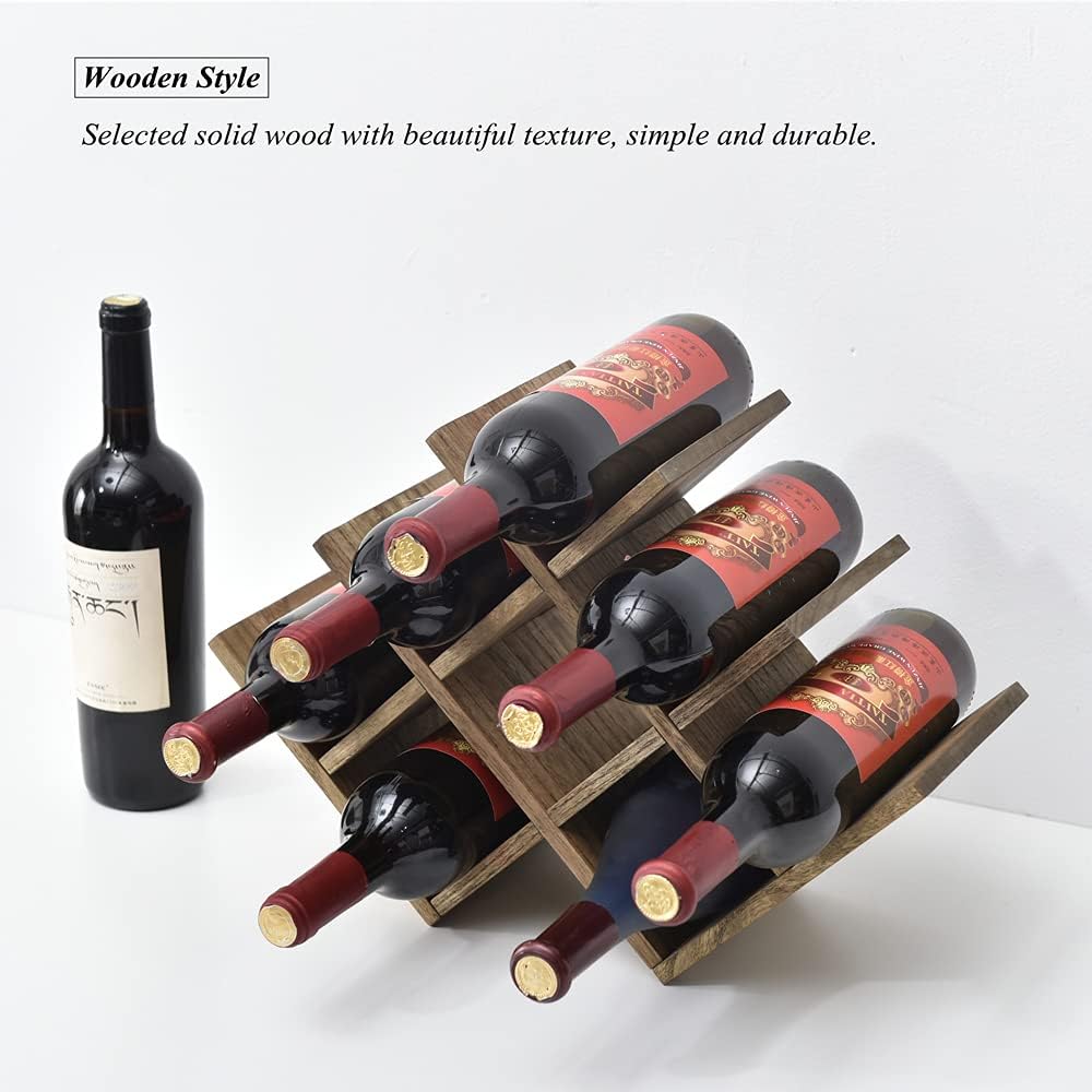 KIRIGEN Wooden Wine Rack, 8-Bottle 3-Tier Countertop Wine Holder, Brown | 16.73 x 5.91 x 11.14 In, Holds 8 Standard Wine Bottles for Cabinets, Pantry Shelves, and Kitchen Counter, Assembly Required