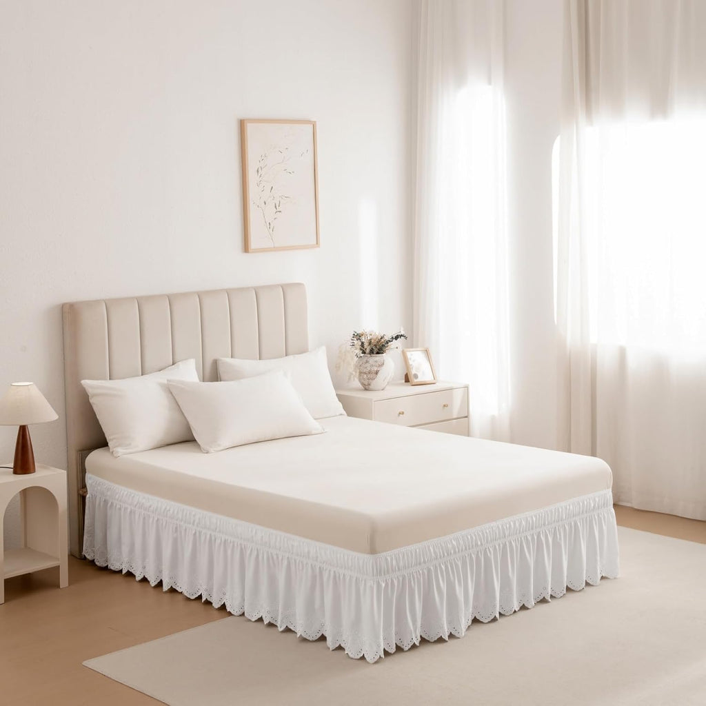 Eyelet Bed Skirt, Ruffled Design, 15 Inch Drop, Embroidered Scalloped Edge, Soft and Stylish, Easy On/Off Dust Ruffle (White,Full 54"x75")