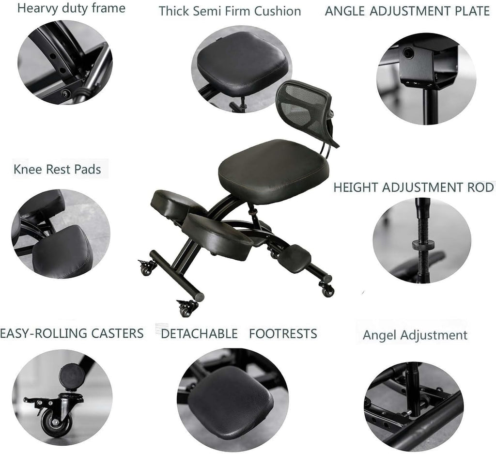 Ergonomic Kneeling Chair with Adjustable Back Support & Wheels, Posture Correction Desk Chair for Home Office to Relieve Back Pain