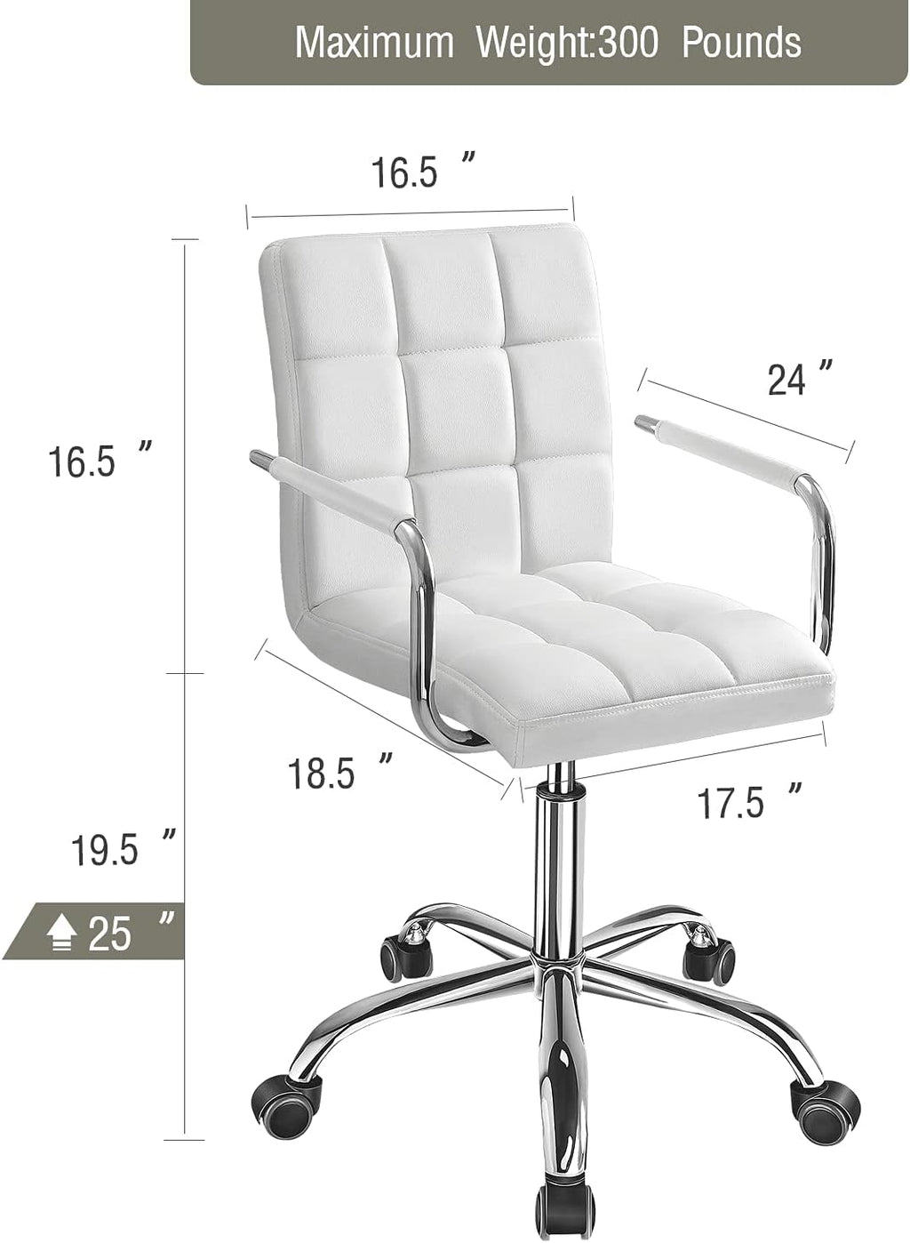 Kemon Office Chiar Desk Chair with Armrests/Wheels Pu Leather Mid Back Adjustable Height Computer Chair for Teens/Students 360°Swivel Rolling Tast Chair(White)