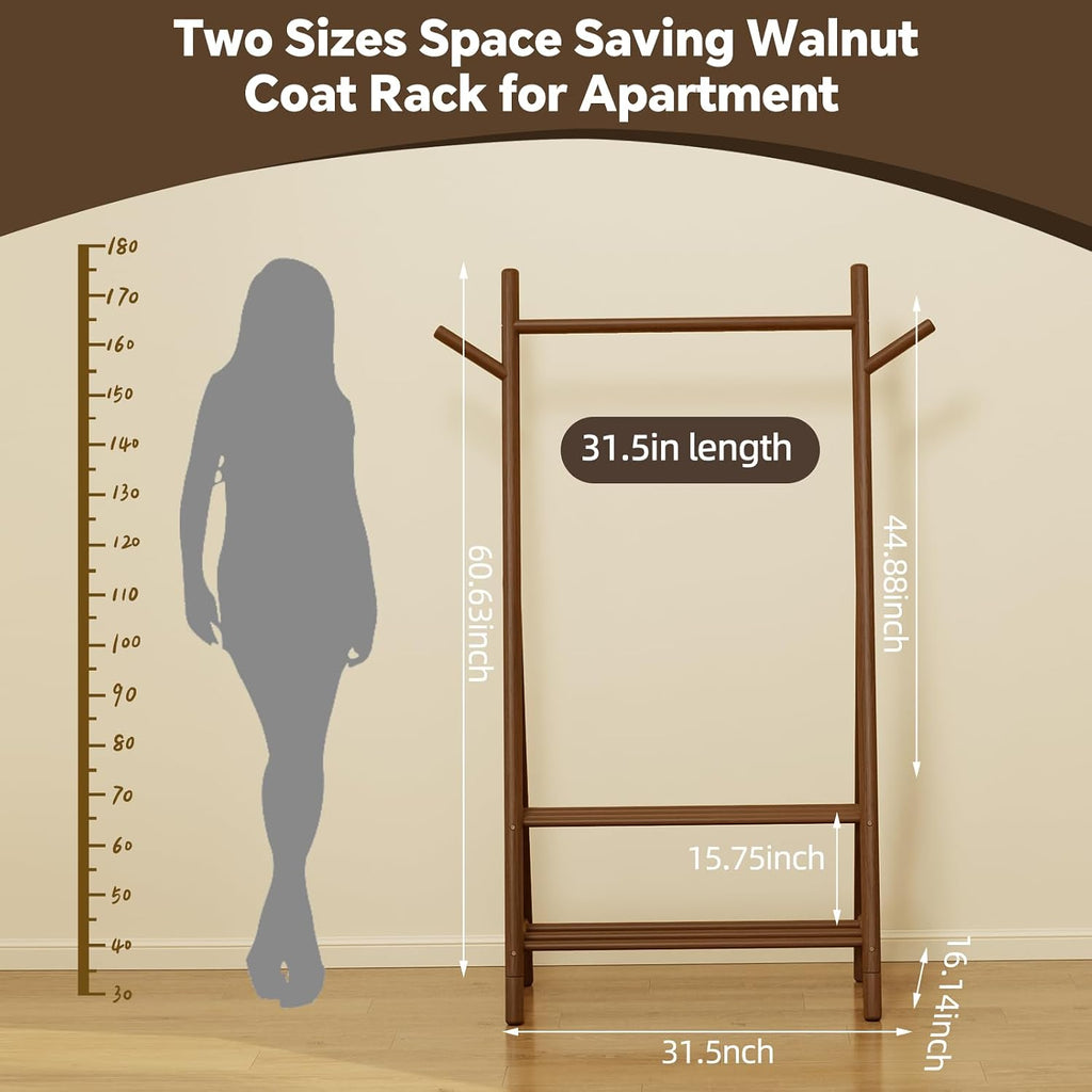 Solid Wood Clothes Rack with 2 Shelves & Hooks, Freestanding Garment Rack & Coat Rack Load 350 Lbs for Hanging Clothes & Organizer, Simple and Practical for Entryway Bedroom 31.5W WALNUT