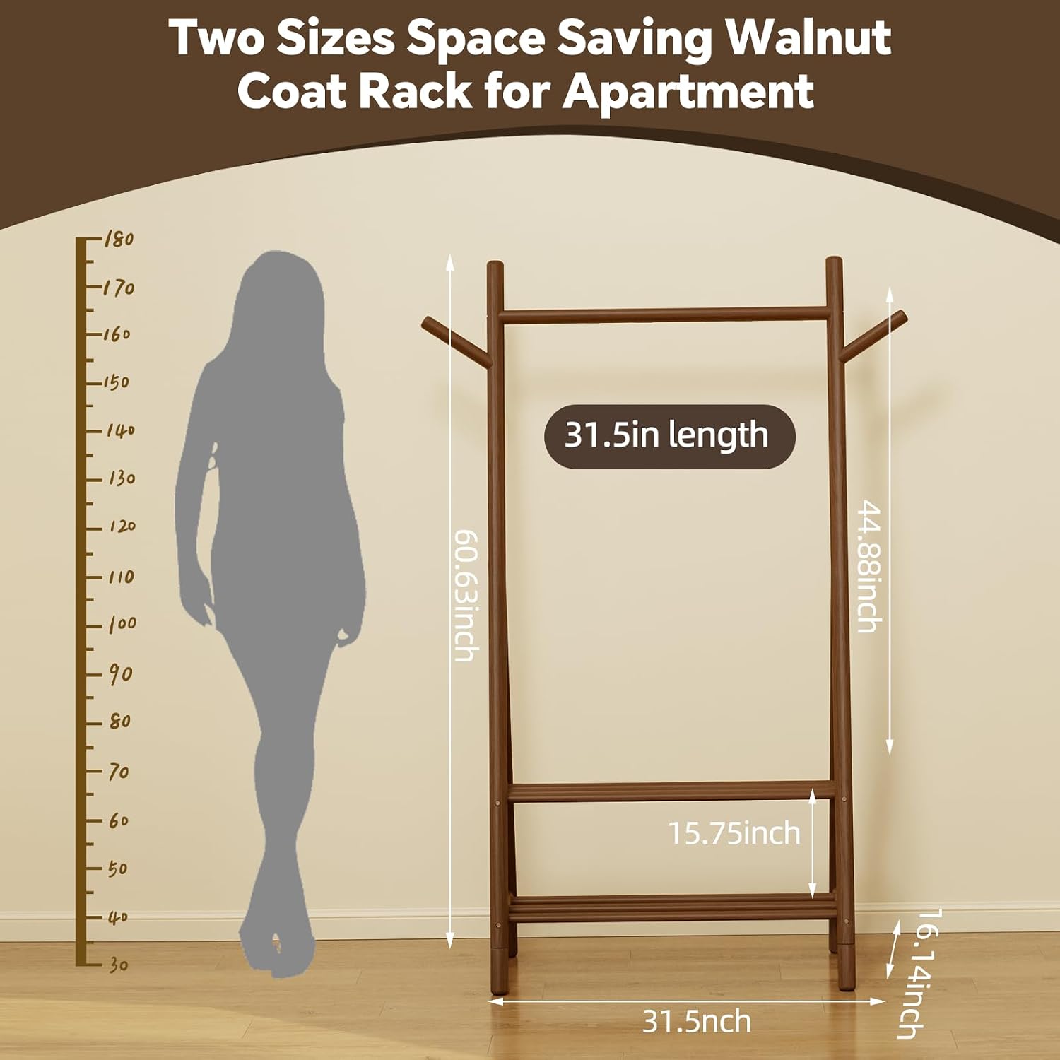 Solid Wood Clothes Rack with 2 Shelves & Hooks, Freestanding Garment Rack & Coat Rack Load 350 Lbs for Hanging Clothes & Organizer, Simple and Practical for Entryway Bedroom 31.5W WALNUT