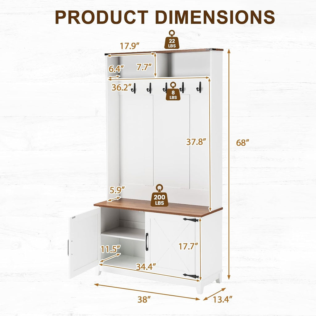 EROMMY 38" Farmhouse Hall Tree with Bench and Shoe Storage, Entryway Bench with Coat Rack, 2 Open Compartments, 5 Coat Hooks, Barn Door & Adjustable Shelf, Rustic White and Brown