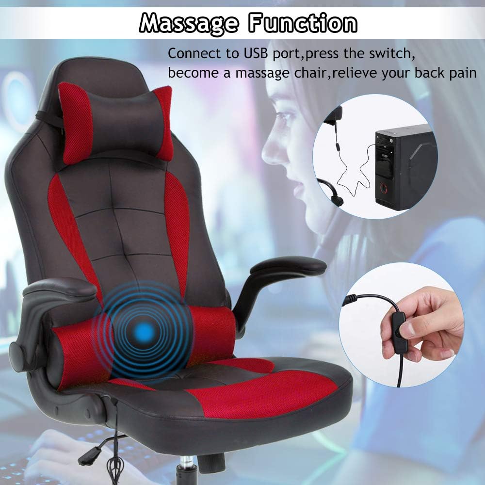 Massage Gaming Chair Ergonomic Office Chair High Back Desk Chair PU Leather Executive Chair with Lumbar Support Headrest Armrest PC Racing Computer Chair Task Rolling Swivel Chair, Red