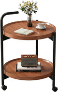 Rolling Side Table with Wheels, 2-Tier Round End Table for Small Spaces, Mobile Nightstand with Storage Shelf, Sofa Side Table for Living Room & Bedroom(Brown,40cm)