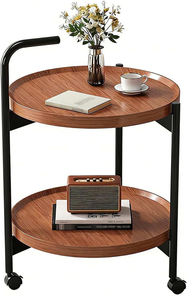 Rolling Side Table with Wheels, 2-Tier Round End Table for Small Spaces, Mobile Nightstand with Storage Shelf, Sofa Side Table for Living Room & Bedroom(Brown,40cm)