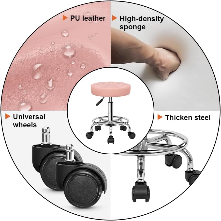 KKTONER Round Rolling Stool Chair PU Leather Height Adjustable Swivel Drafting Work SPA Shop Salon Stools with Wheels Office Chair Small (Pink)