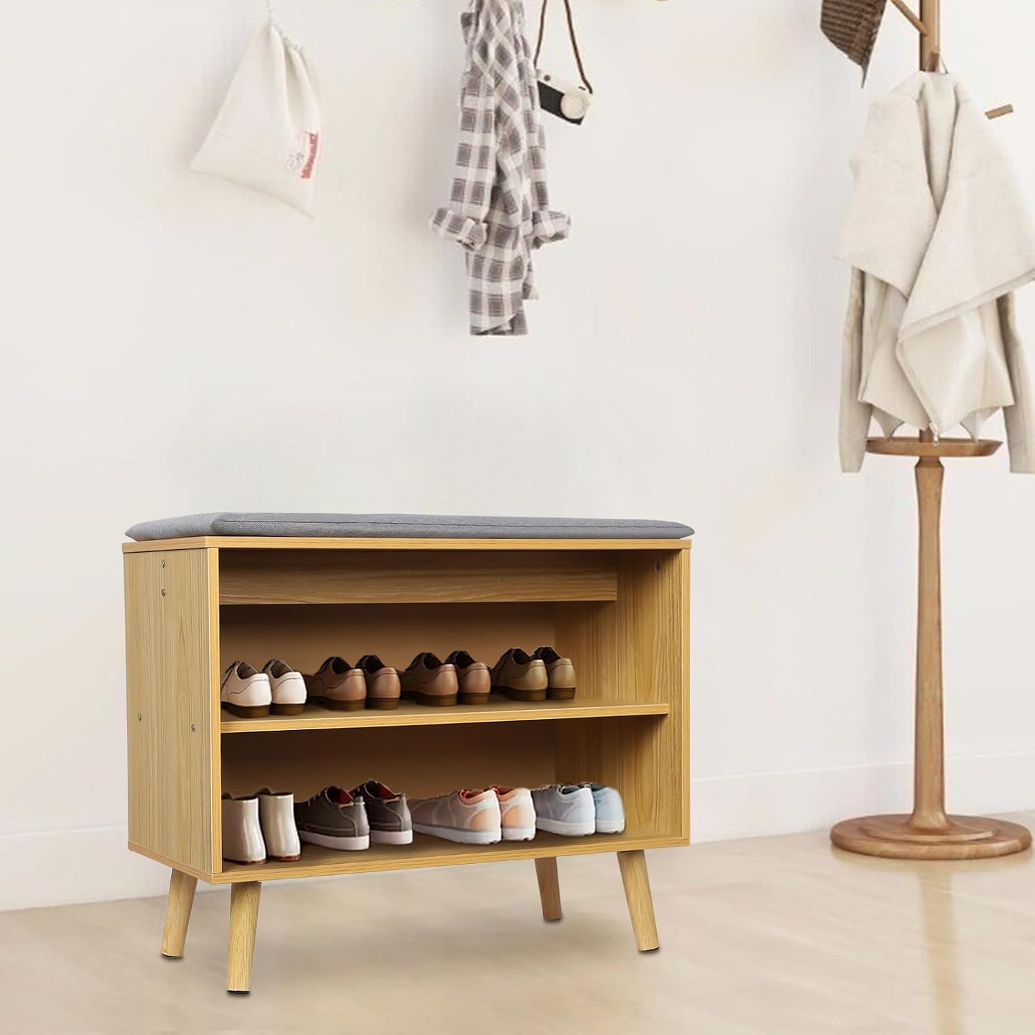 60cm Rubber Wood Shoe Bench with Cushion, 2-Tier Shoe Storage Stool, Perfect for Home
