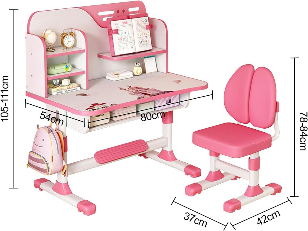 Kids Desk and Chair Set, Study Table and Chair, Desk for Kids, Children's Desks with Golden Distance Design, Homeschooling Writing Desk with Desktop for Boys and Girls (Pink 3)