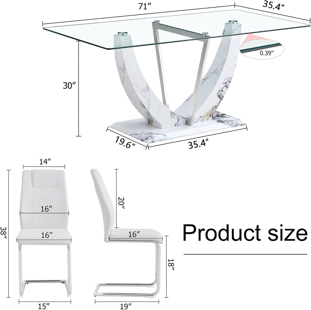 Modern Faux Marble Dining Table Set for 6, 63" Rectangular Kitchen Table with Elegant U-Shaped Pedestal Base and 6 Sleek Cantilever Chairs, Contemporary 7-Piece Dining Room Furniture Set