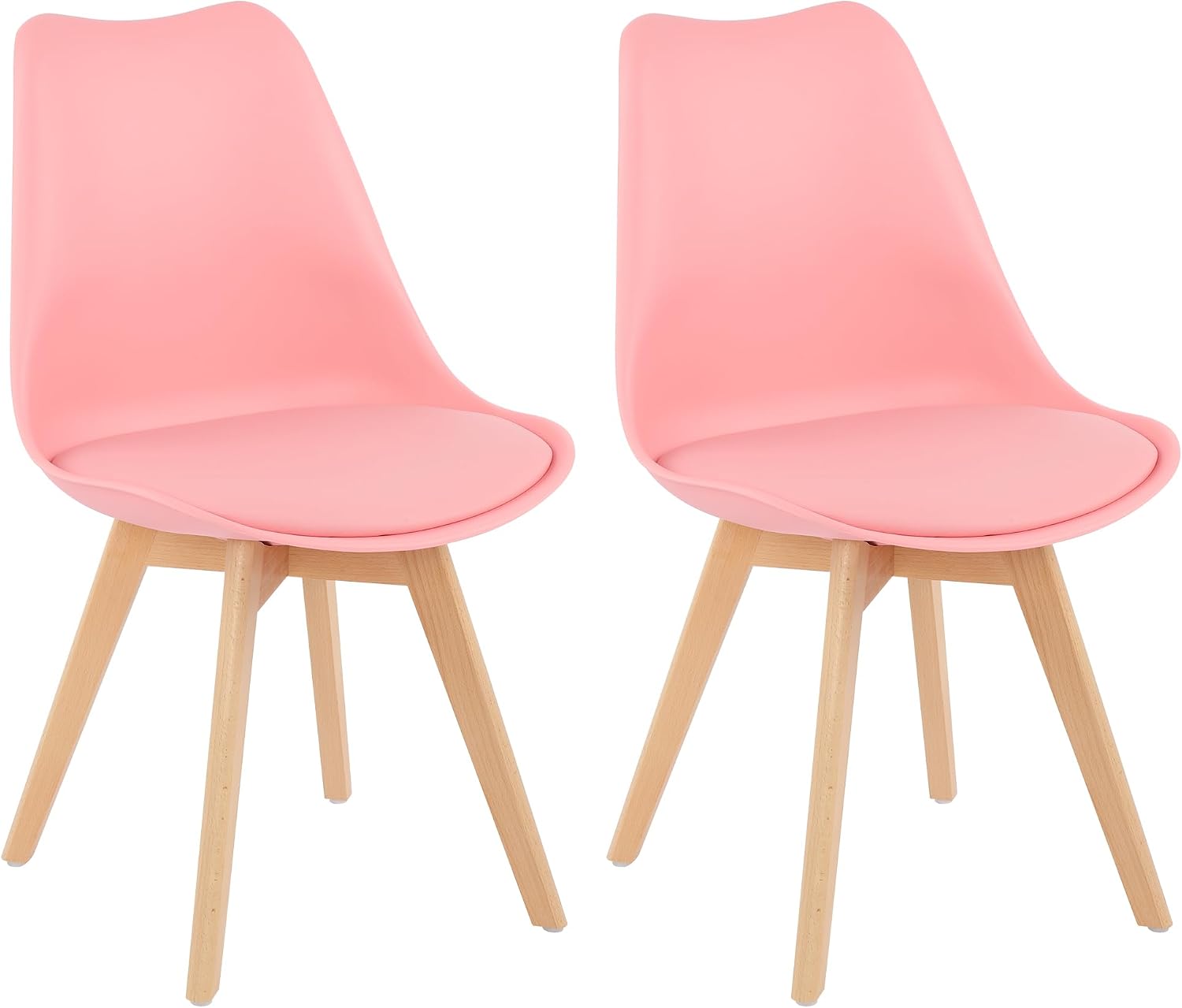 LSSBOUGHT Mid Century Modern Dining Chairs,Shell Lounge Plastic Side Chair with Soft Padded and Wooden Legs for Dining Room Living Room Bedroom Kitchen Set of 2 (Pink)