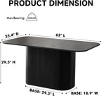 63" Large Dining Table for 4 6, [Rounded Corners] [Grooved Pedestal Base] Modern Rectangle Kitchen Dinner Dining Living Room Table Black