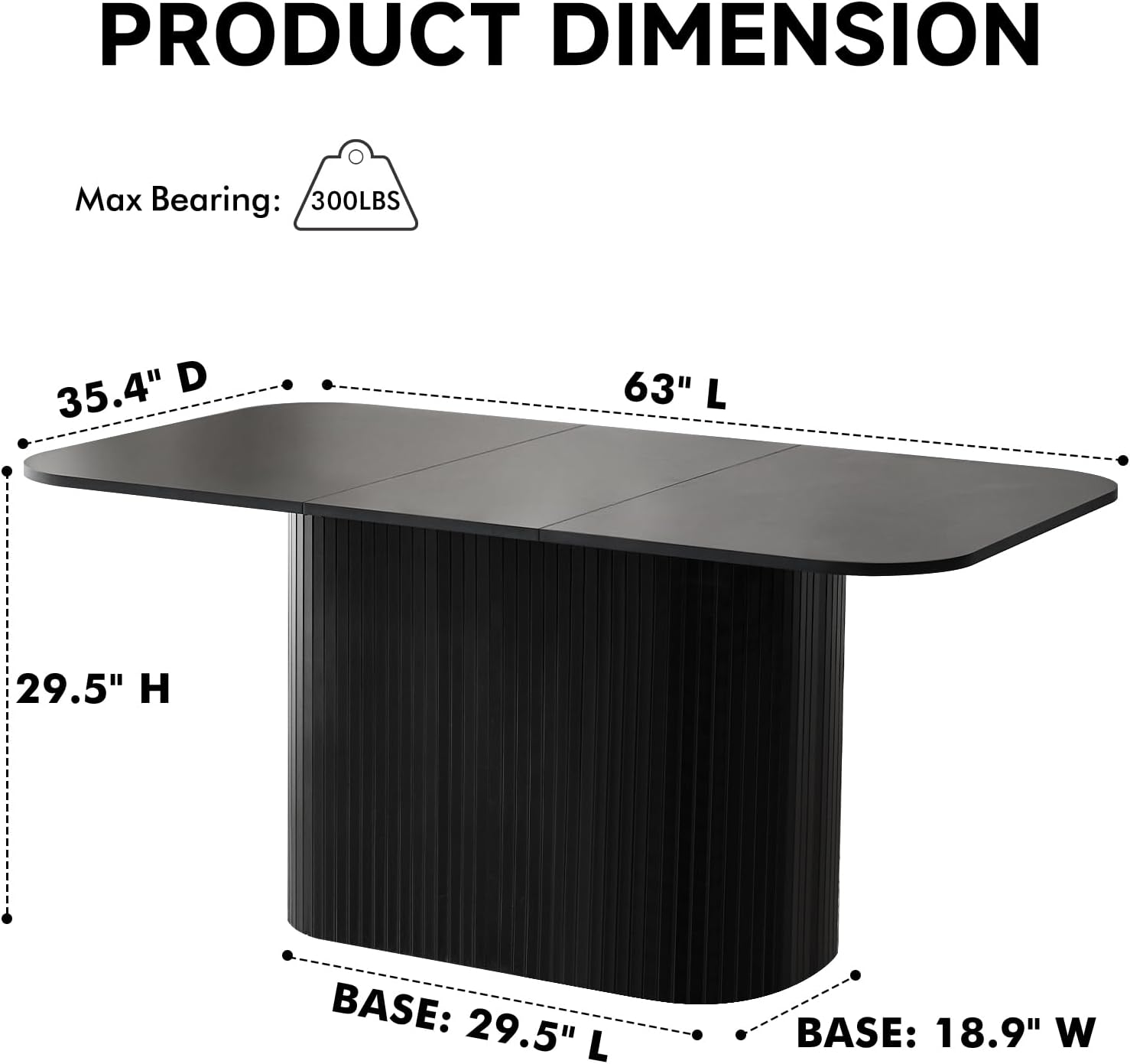63" Large Dining Table for 4 6, [Rounded Corners] [Grooved Pedestal Base] Modern Rectangle Kitchen Dinner Dining Living Room Table Black