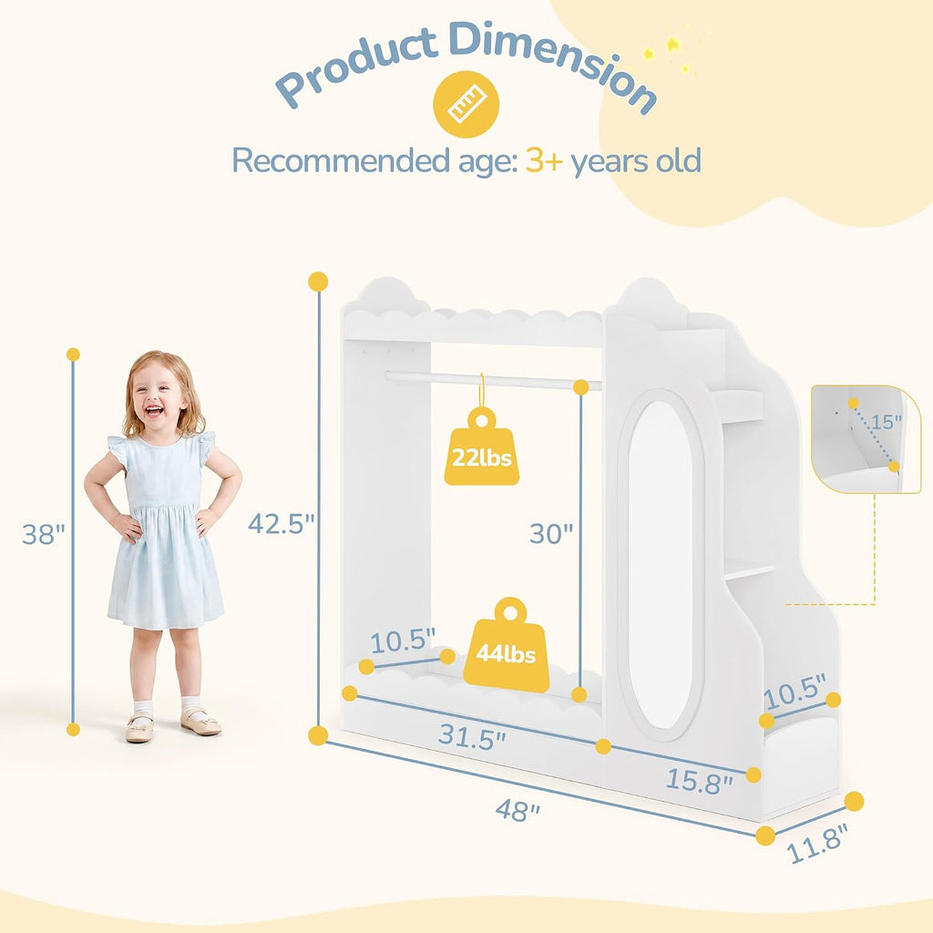 Curipeer Kids Dress Up Storage with Mirror, Bookshelf & Toy Storage, Scalloped Design Princess Closet for Little Girls, Kids Dress Up Rack, Open Hanging Armoire Wardrobe for Bedroom, Playroom, White