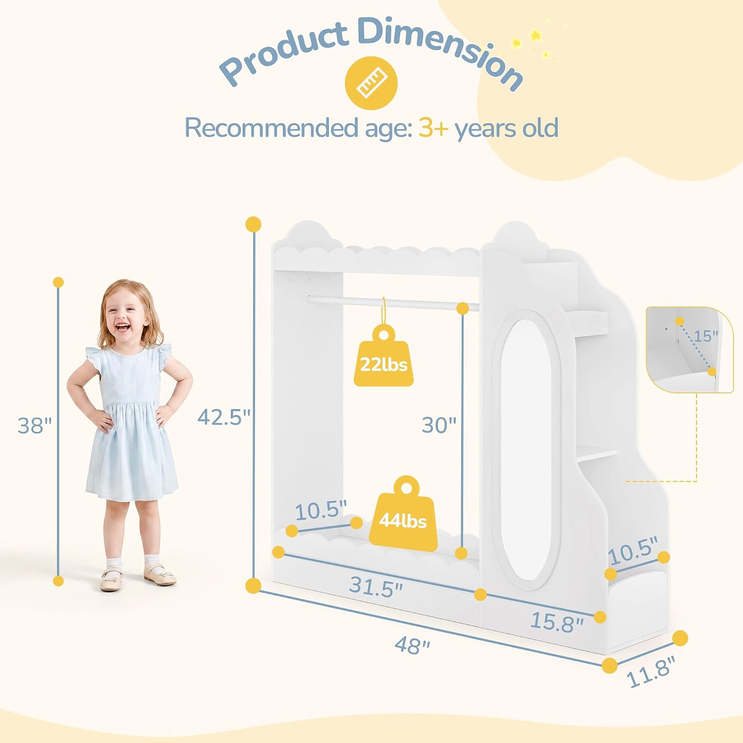 Curipeer Kids Dress Up Storage with Mirror, Bookshelf & Toy Storage, Scalloped Design Princess Closet for Little Girls, Kids Dress Up Rack, Open Hanging Armoire Wardrobe for Bedroom, Playroom, White