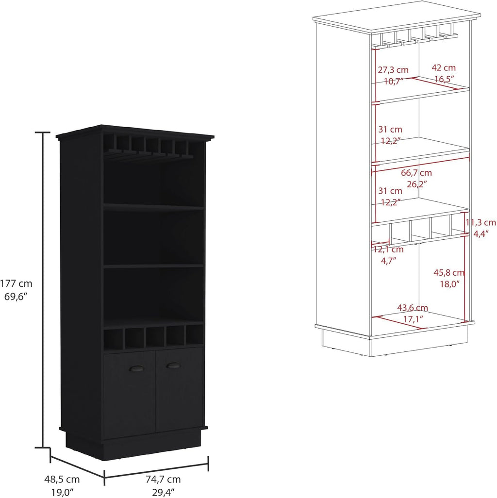 70-Inch High 10-Glass Bar Cabinet with 5 Cubbies and 3 Open Shelves and Cabinet ﻿,for Kitchen