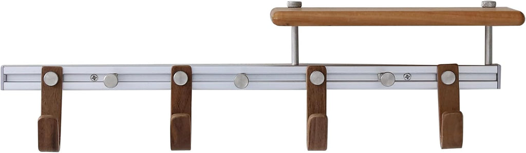 Wall Mounted Coat Rack with Shelf, Modular Entryway Hooks Organizer, Adjustable Aluminum Rail with Wooden Hooks, Expandable Storage for Entryway, Hallway, Mudroom