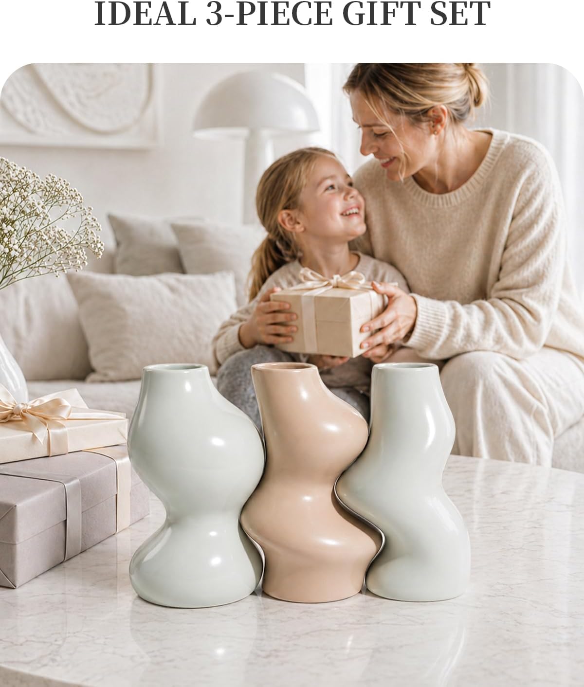 BosilunLife Decorative Vase Set of 3, Nested Interlocking Recycled Ceramic, Smooth Glossy Pastel Modern Decor, Sage Green & Khaki Centerpiece for Bookshelf