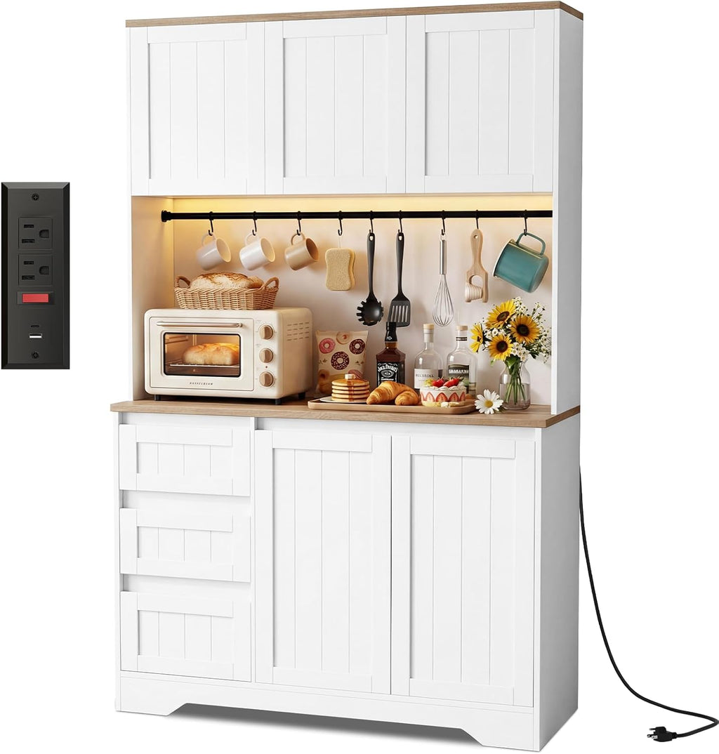 70.8" Tall Kitchen Pantry Cabinet with Adjustable Shelves, Farmhouse Kitchen Hutch with 5 Doors and 3 Drawers, LED Pantry Storage Cabinet with Charging Station for Dining Room, White