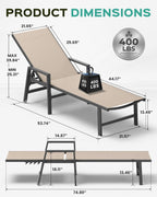 Vexwalx Patio Chaise Lounge Chair Outdoor with Wheels&Armrests, Aluminum Pool Lounge Chairs 5-Position Adjustable Recliner, Outdoor Beach Lounge Chairs for Outside, Patio, Deck, Yard, Khaki