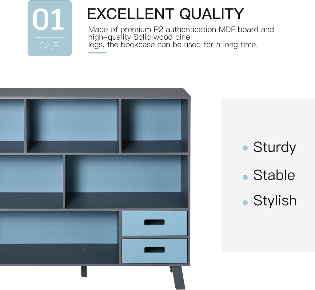 3 Tier Child Bookcase Open Shelves Cabinet Floor Standing Cube Storage Organizer with Drawers Dark Blue
