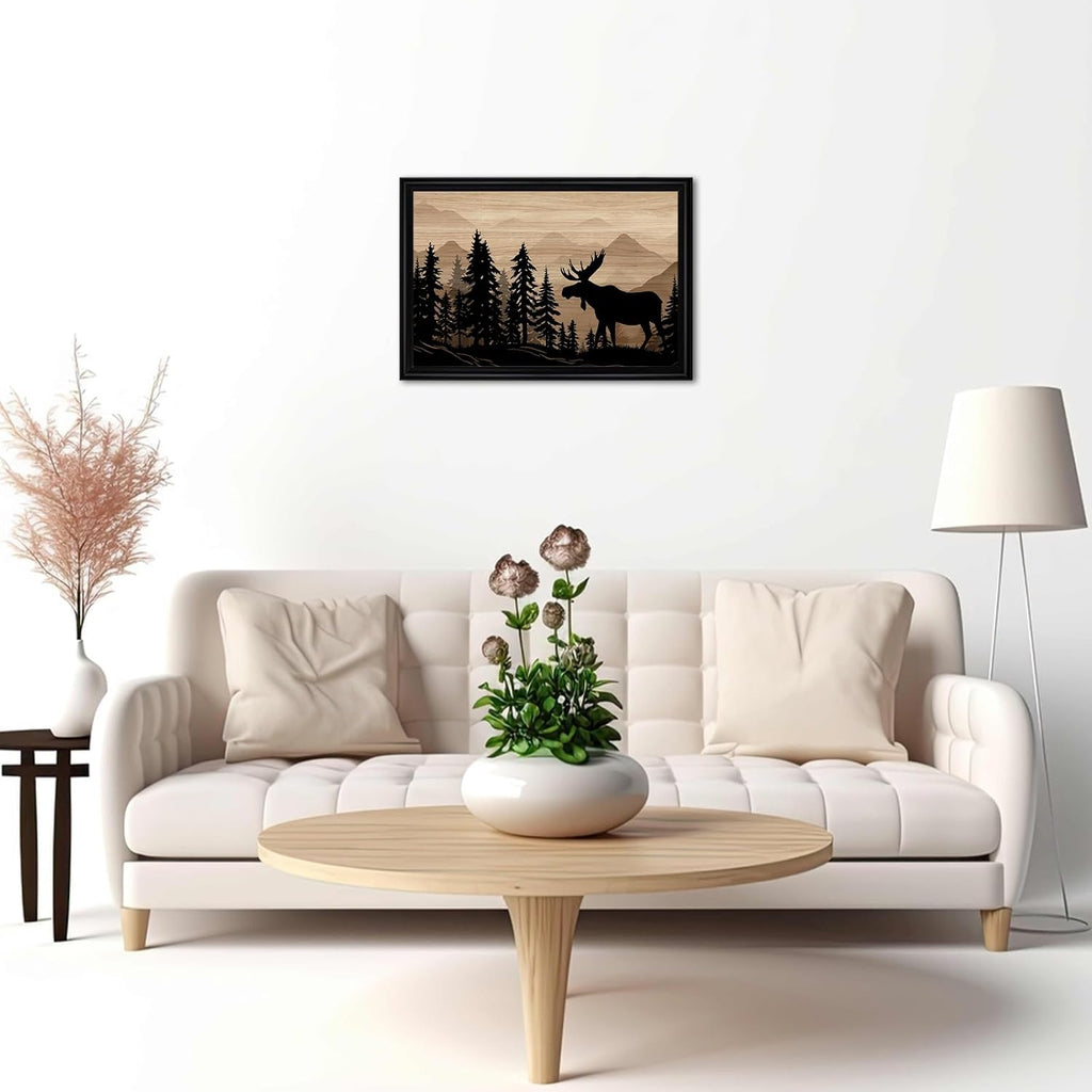 WELMECO Moose Wall Art Rustic Cabin Decor Farmhouse Bedroom Living Room Decoration, 16x24inch Forest Moose Painting Framed Canvas Art Print