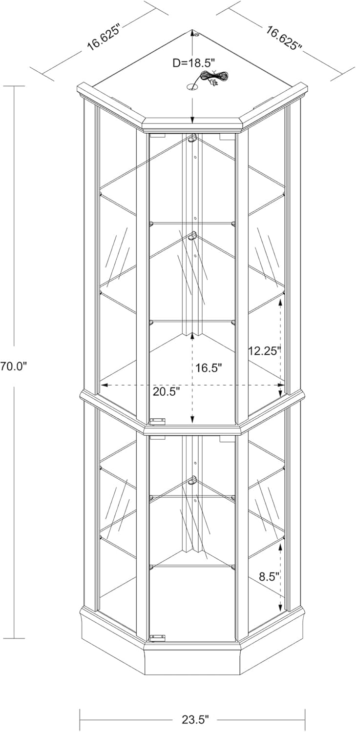 Corner Curio Cabinet, 70" Tall Lighted Glass Display Cage with Tempered Glass Doors and 5 Adjustable Shelves, Wine Bar China Cabinet for Living Room (E26 Bulb Not Inclued) (Cherry & Style 2)