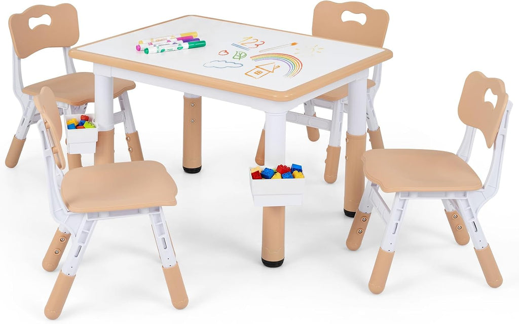 Costzon Kids Table and 4 Chairs, Height Adjustable Toddler Desk Set w/Easy-to-Wipe Graffiti Desktop & 2 Storage Basket for Home, Classroom, Daycare, Playroom, Art Study Table Set (Natural, 5 PCS)
