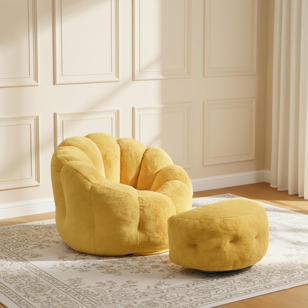 Flower Bean Bag Chair with Ottoman, Comfy Fuax Fur Beanbag for Adults & Teens, Fluffy Plush Floor Lazy Sofa for Bedroom, Living Room, Reading Nook, Yellow