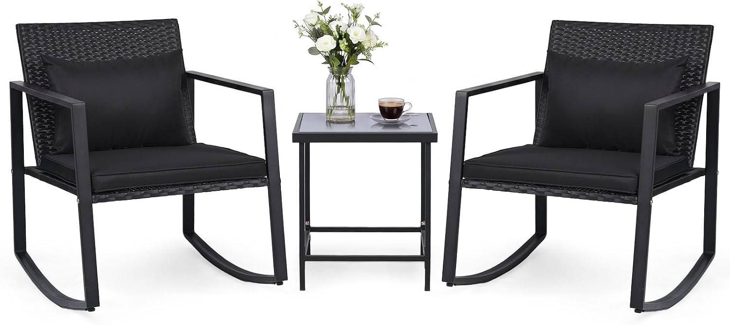 Tangkula 3 Pieces Outdoor Rocking Chairs Set, Rattan Heavy Duty Cushioned Rocker Chairs with Cushions, Pillows, Tempered Glass Table, Metal Frame for Garden, Balcony, Backyard (Black)
