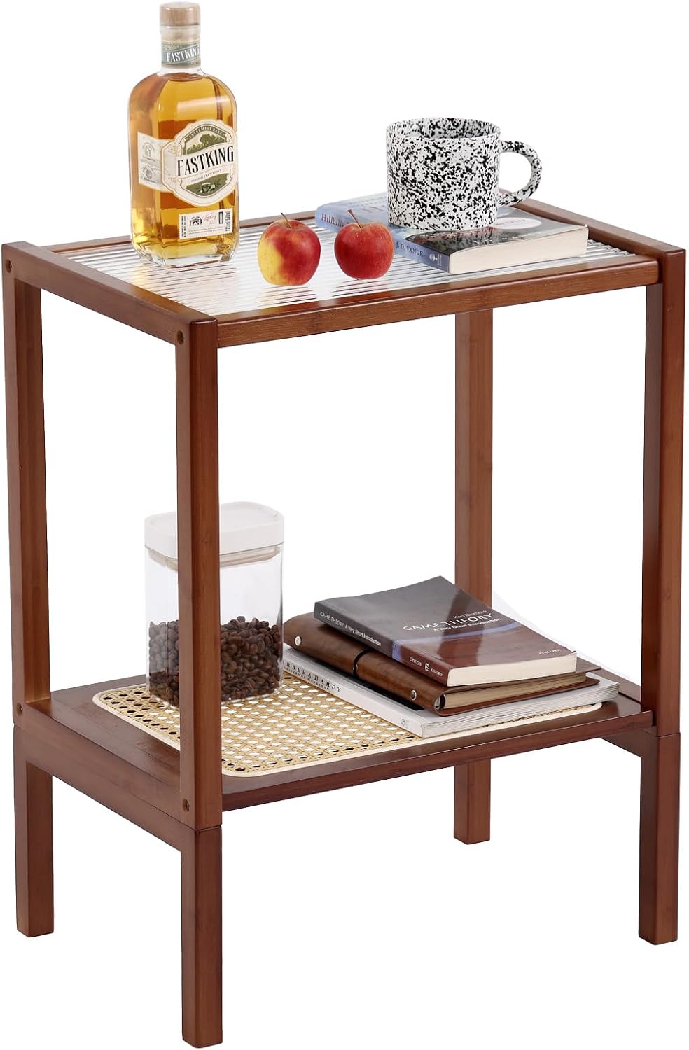 Tiita Rattan Side Table, Mid Century Nightstand, 2-Tier Bamboo Accent Bedside Tables, Glass Coffee Tables, Boho Wooden Narrow End Table with Storage for Small Space, Living Room and Bedroom