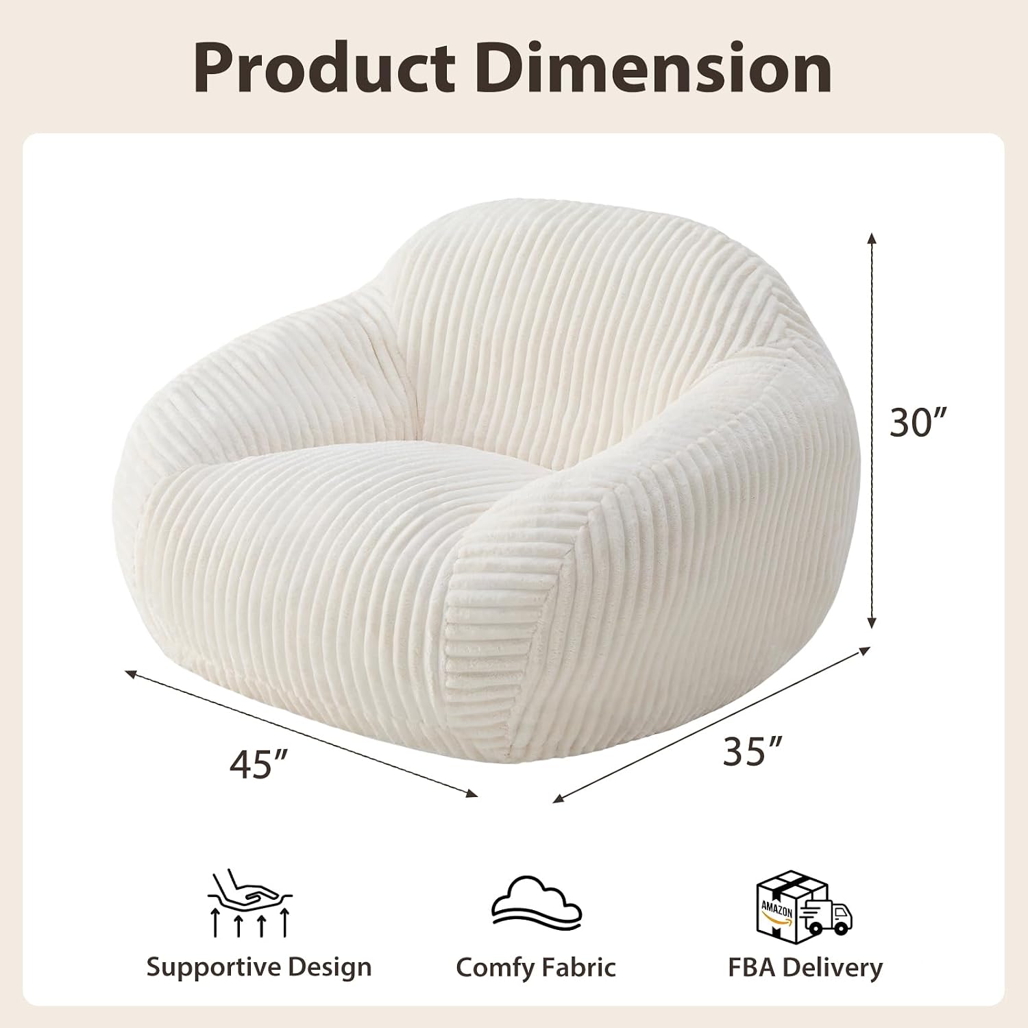 HUGHEAVEN Large Bean Bag Chairs for Adults, Adult Bean Bag Chair with Back Support, Reading Chair for Bedroom, Beige