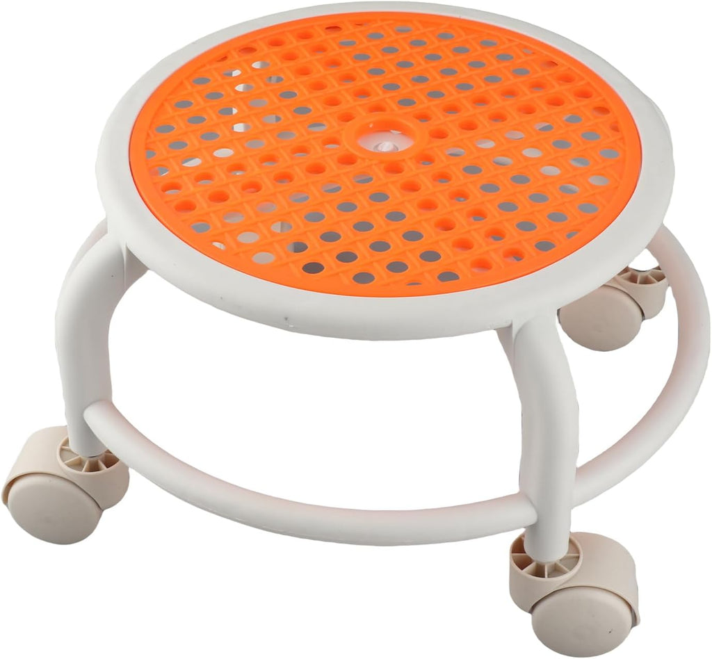 Comfortable Low Stool with Wheels with High Load Capacity for Home, Ergonomic Breathable Swivel Seat for Adults, Plastic Material (Orange)