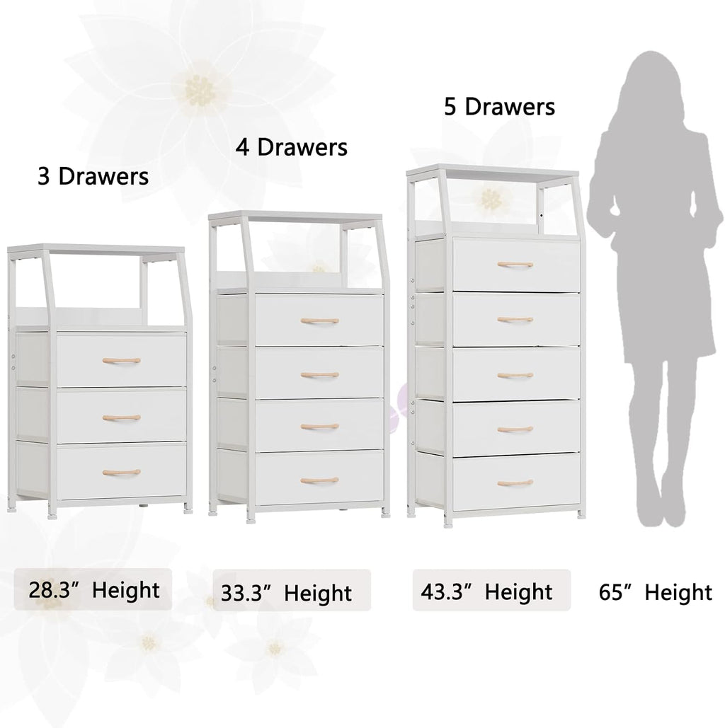 Furnulem White Tall Dresser for Bedroom, 5 Fabric Bins Tall Nightstand | Dorm Dresser, Vertical Storage for Closet, Chest of Drawer for Entryway, Nightstand Bedside Table, Metal Frame,Wood Top