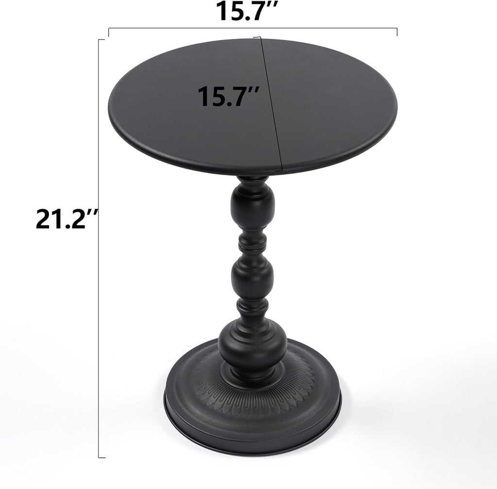 Black Metal End Table, Small Round Side Table | Vintage Matte Black Pedestal, For Living Room, Bedroom, Sofa, For Patio & Bar, Nightstand
