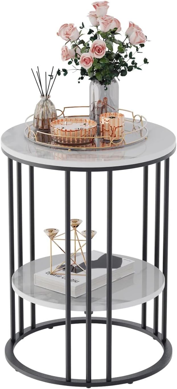15.7Wx15.7Dx21.3H inch 2-Tier White Marble Side Table Round Coffee Table Nightstand Jewellery Storage Shelves
