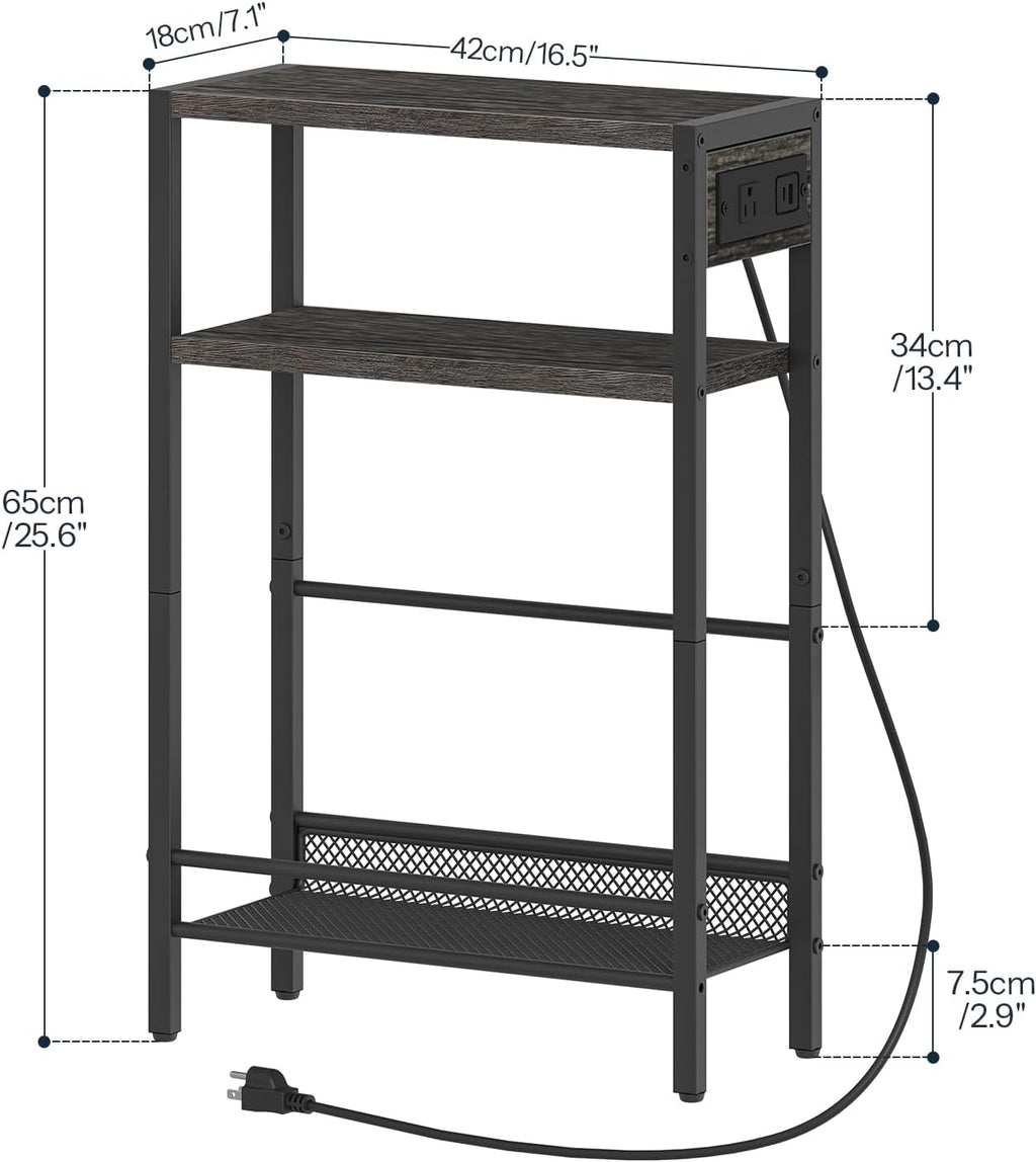 HOOBRO Small Narrow Side Table with Charging Station, Skinny End Table for Small Spaces, Slim Nightstand with USB Ports Outlet, Sofa Beside Table with Storage Shelf, Charcoal Black BC102UBZ01