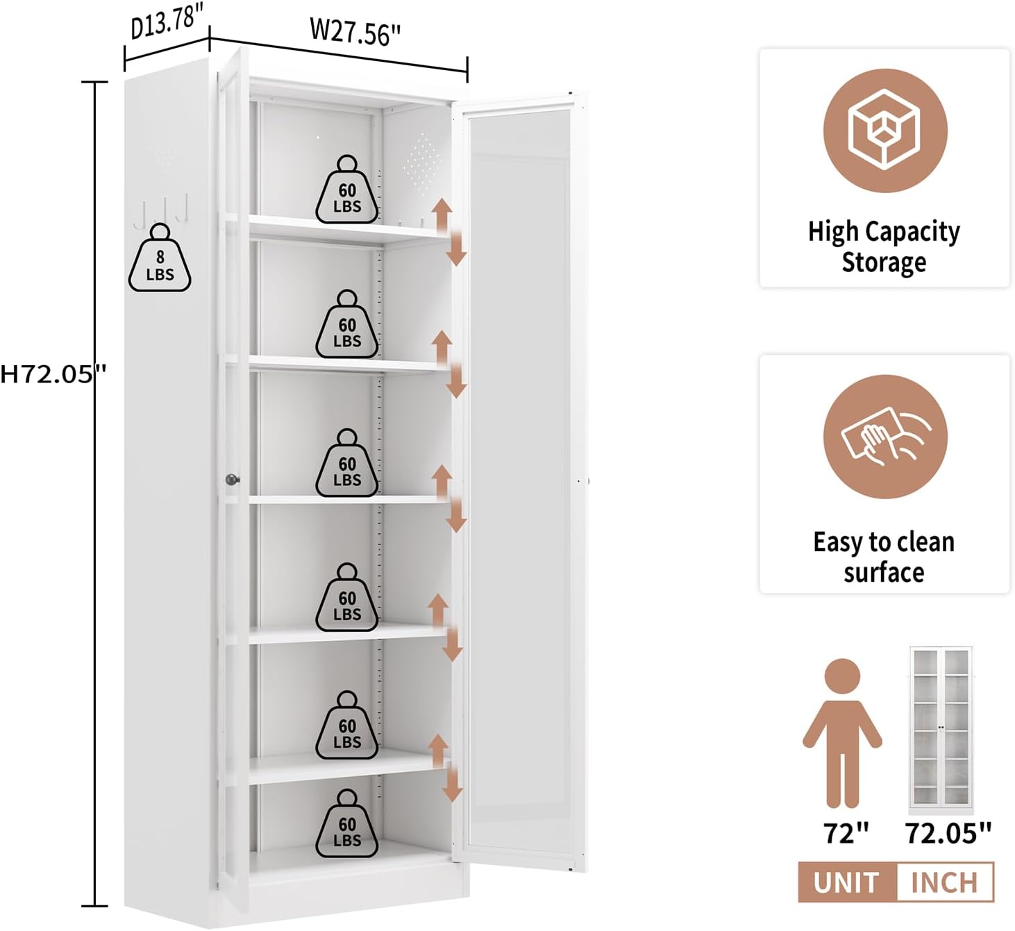 Metal Kitchen Pantry Cabinet, 72" Tall Food Pantry Cabinets with 5 Adjustable Shelves, White Freestanding Cabinet for Kitchen/Pantry/Bathroom
