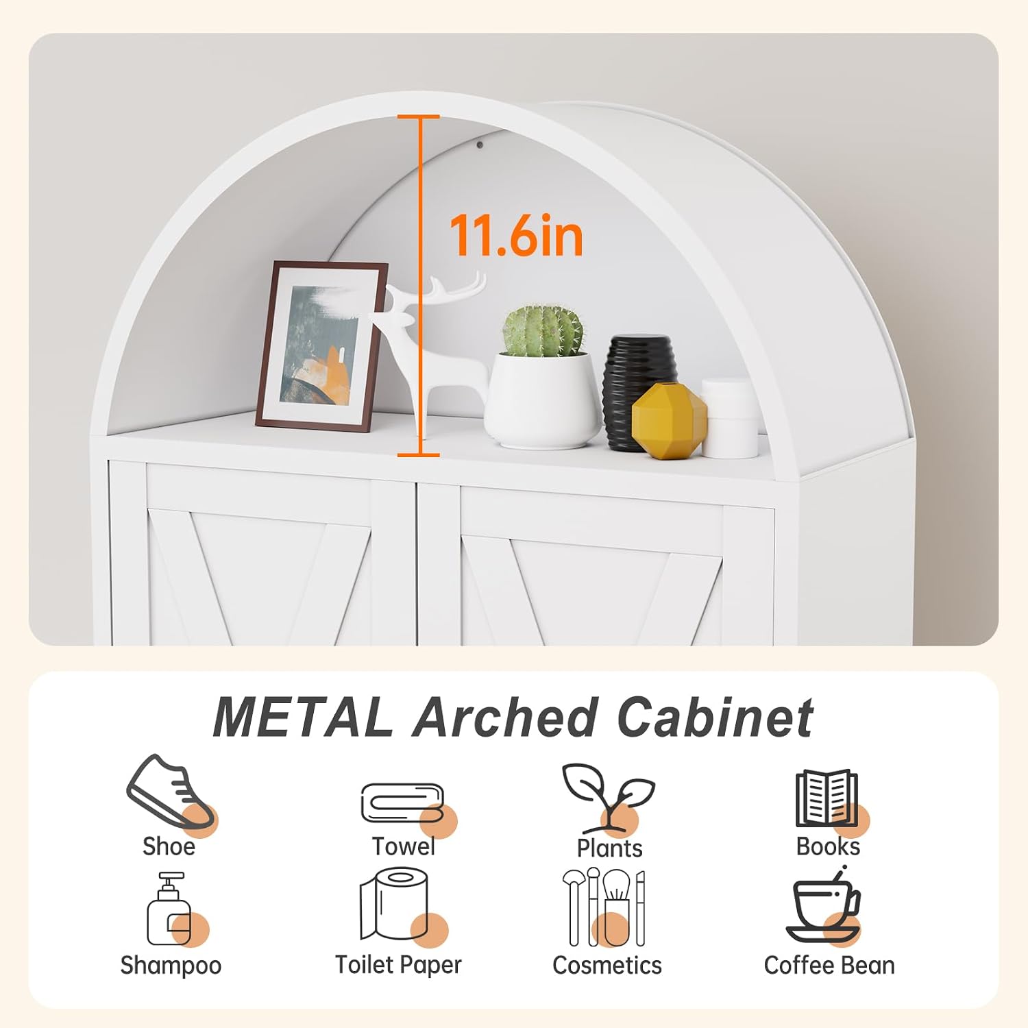 Winiowa Metal Arched Kitchen Pantry Cabinet, 73" Tall Arched Storage Cabinet with 2 Doors & 4 Shelves, Modern Farmhouse Kitchen Storage Cabinets, White